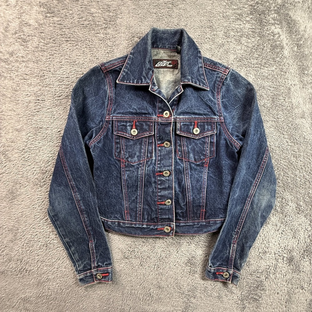 Lazer Jeans XS Womens Denim Jacket Y2K Vintage Dark Wash Red Stitch Cotton